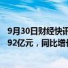 9月30日财经快讯：工信部：前8个月我国软件业务收入85492亿元，同比增长11.2%