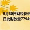 9月30日财经快讯：沪深京三市成交额突破1.8万亿元，较上日此时放量7794亿元