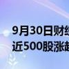 9月30日财经快讯：创业板指涨逾9%，市场近500股涨超9%