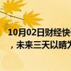 10月02日财经快讯：北京今日最高气温19℃，最低气温7℃，未来三天以晴为主