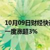 10月09日财经快讯：港股短暂回落后再拉升，恒生科技指数一度涨超3%